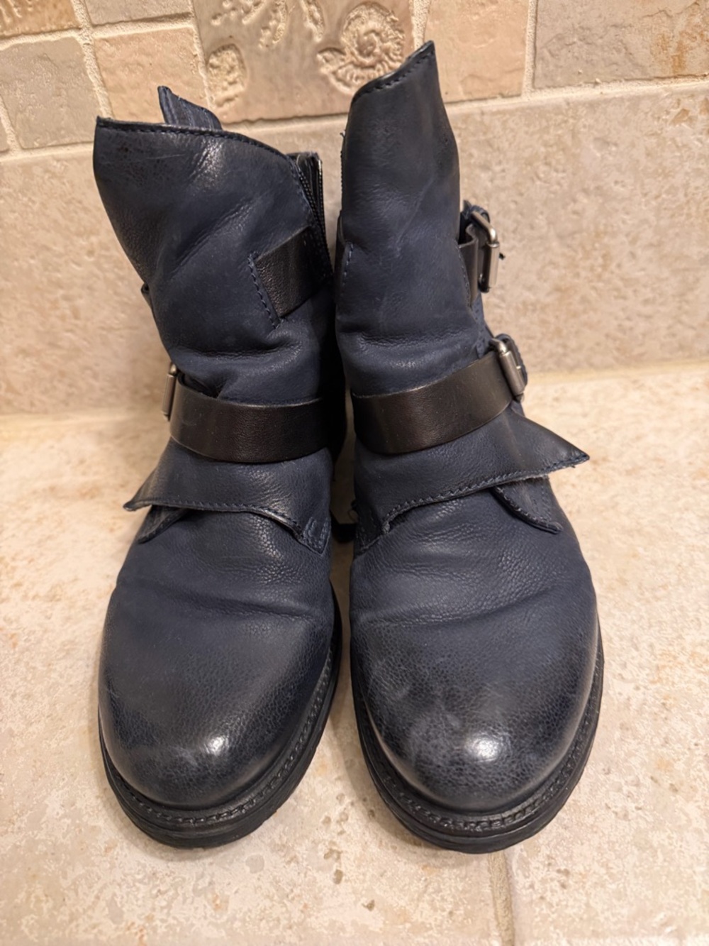 Miz Mooz Navy Leather Ankle Boots with Buckle Straps